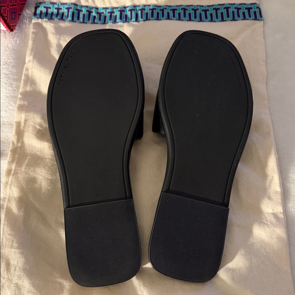 Tory Burch Black Sandals with Gold Emblem - Picture 2 of 6